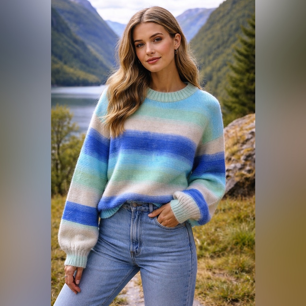 NWOT BIK BOK Multicolor Striped Knit Sweater XS Oversized Blue Green